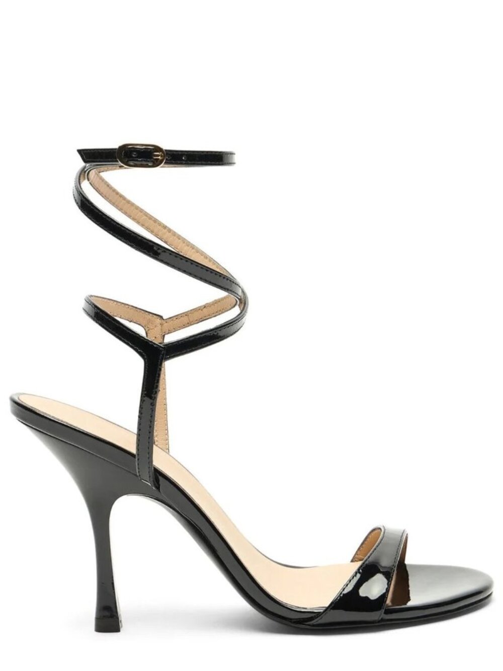 $550 STAURT WEITZMAN NUDIST WRAP SANDAL PATENT HEEL STRAPPY BLACK 8.5 (PD15)